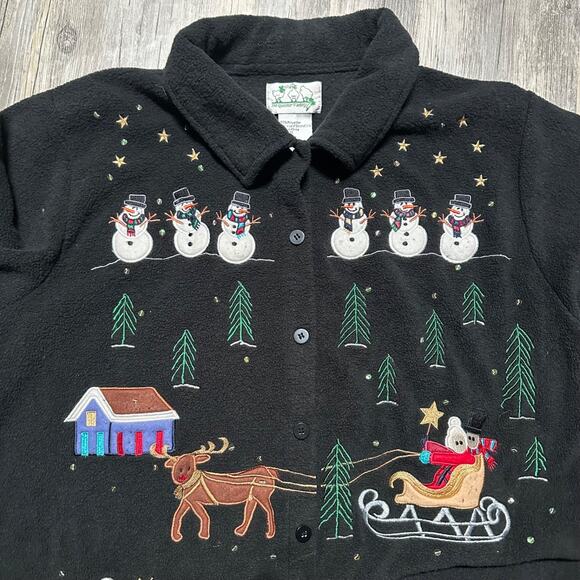 Quacker Factory Black Christmas Women's Large Fleece Jacket Shacket Snow Scene - Picture 5 of 6